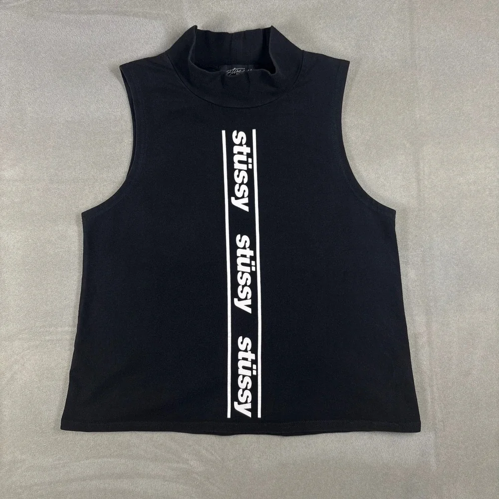 Vintage Stussy Women Black Mock Neck Sleeveless Logo Graphic Tank Top Small - Picture 1 of 5